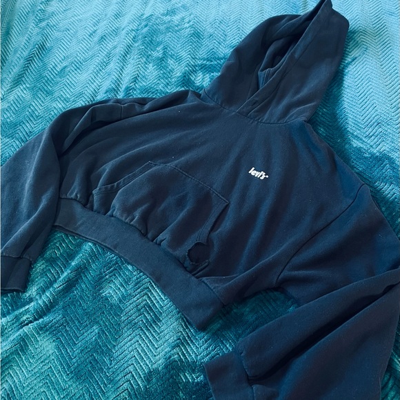 Levi's Y2K Black Cropped Long Sleeved Hoodie Witchy Goth Distressed - Picture 2 of 5